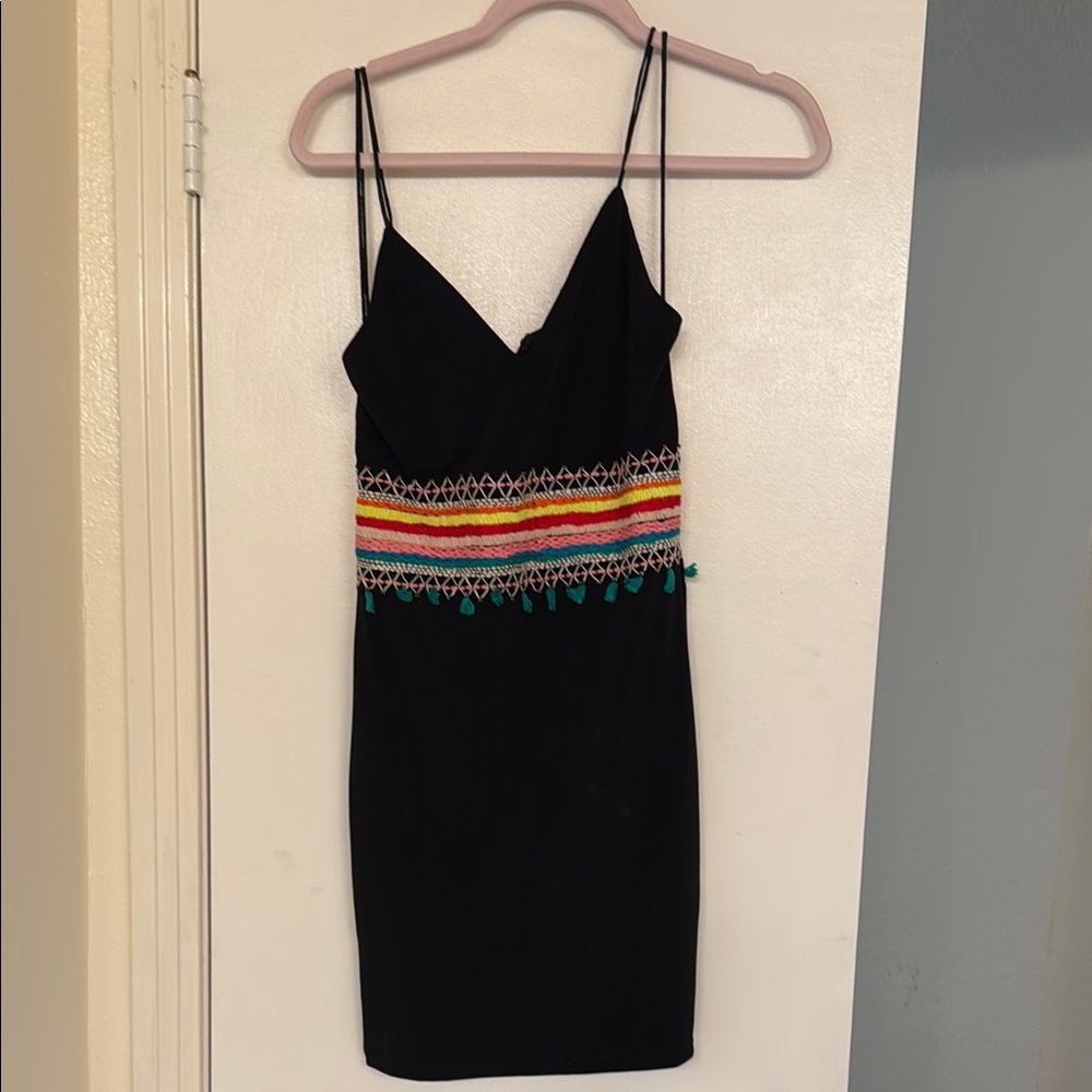 Alice + Olivia Black and Orange Sleeveless Mini Dress with V-Neck